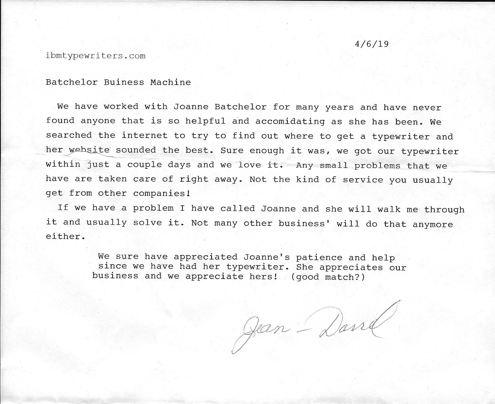 A positive letter testimonial.